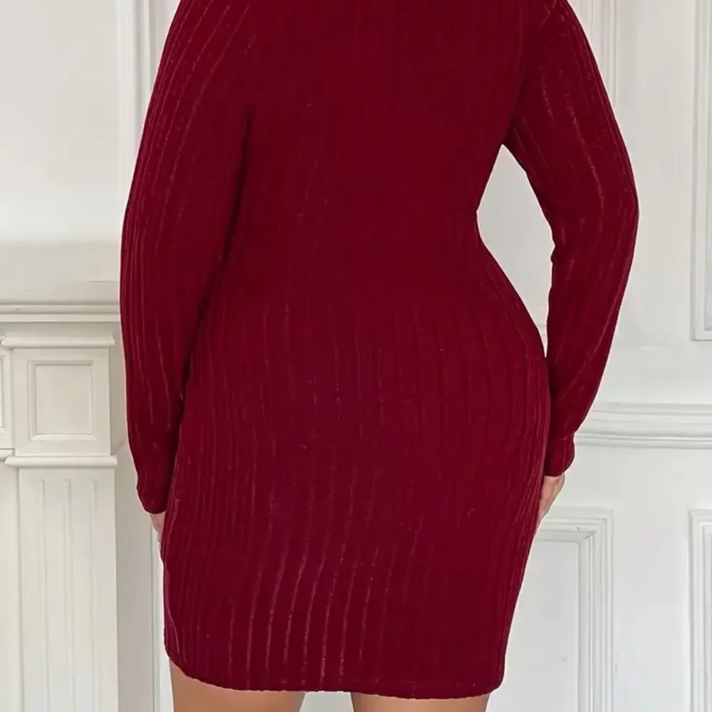 *30off3* Plus Size‎ Women's Solid Ribbed Long Sleeve Surplice Neck Casual Dress